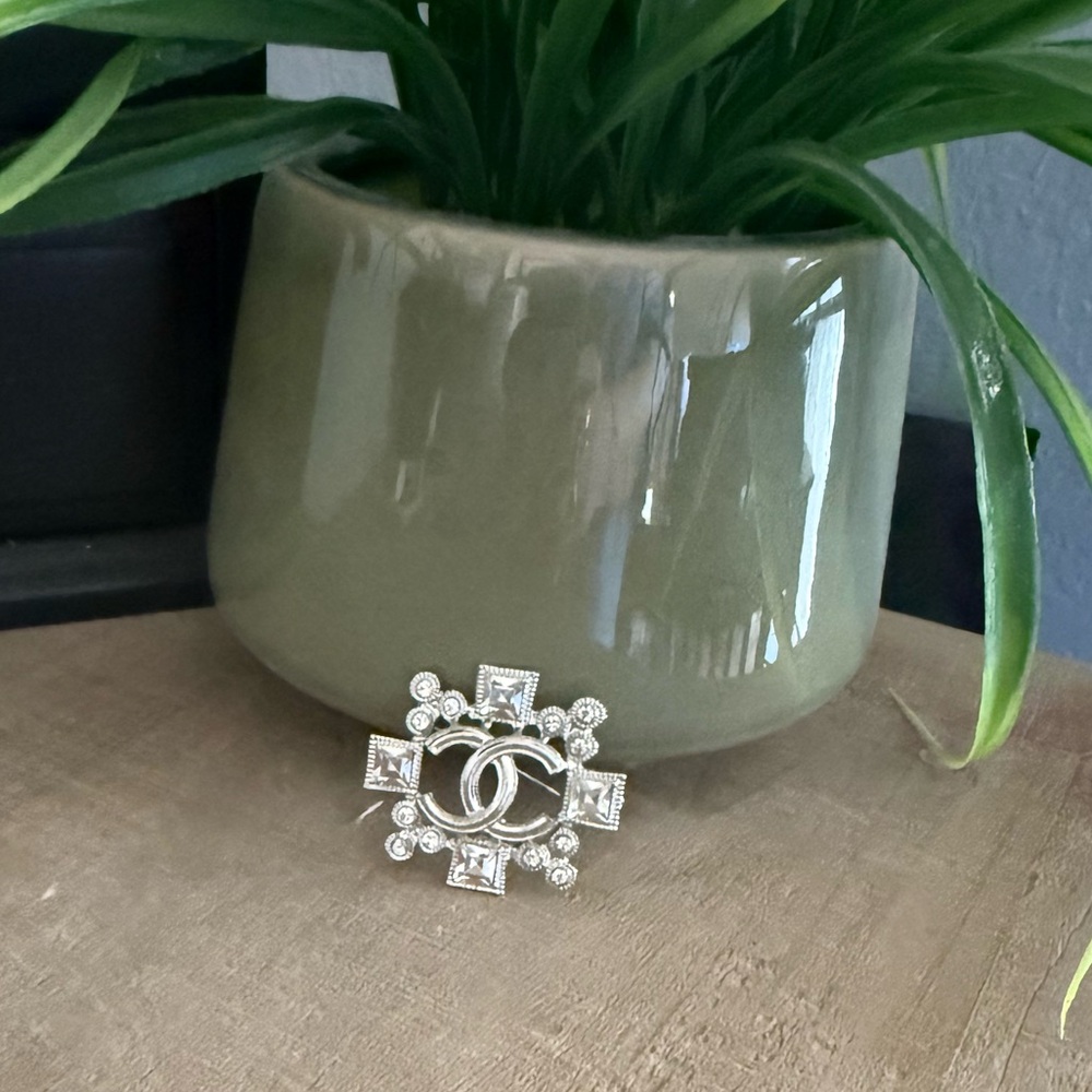 Silver Tone CC Crystal Statement Brooch Pin